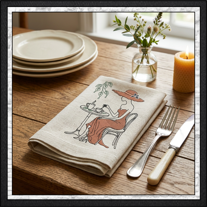 Tea Time Café Lady Machine Embroidery Design | French Bistro Woman Line Art, 6 Sizes (4381)