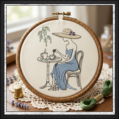 Tea Time Café Lady Machine Embroidery Design | French Bistro Woman Line Art, 6 Sizes (4381)