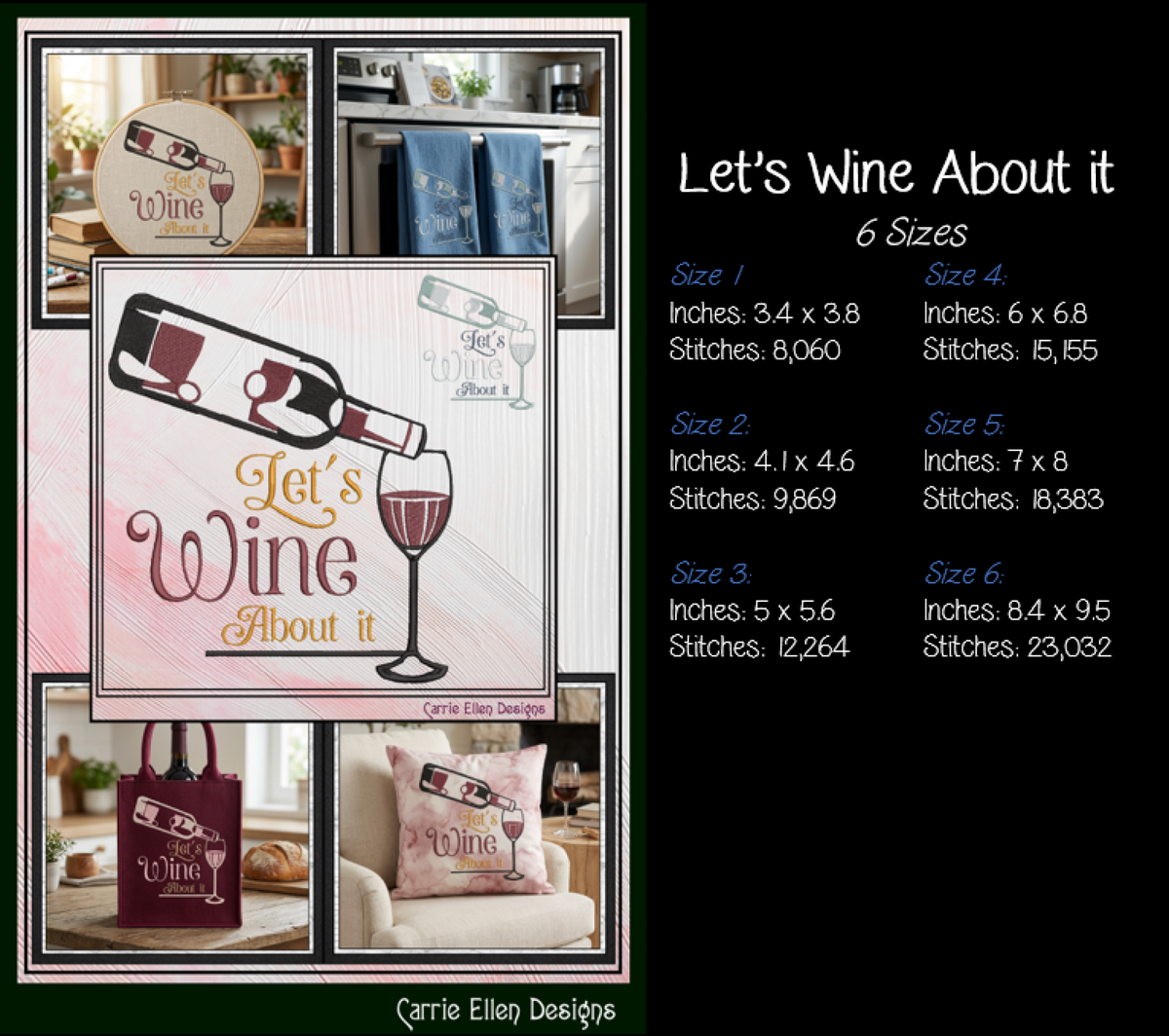 "Let's Wine About It" Funny Wine Machine Embroidery Design - Sarcastic Wine Lover Quote, 6 Sizes (4383)
