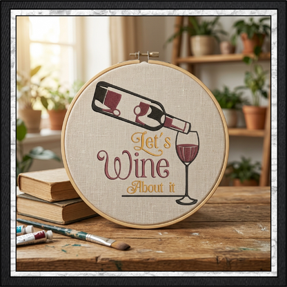 "Let's Wine About It" Funny Wine Machine Embroidery Design - Sarcastic Wine Lover Quote, 6 Sizes (4383)