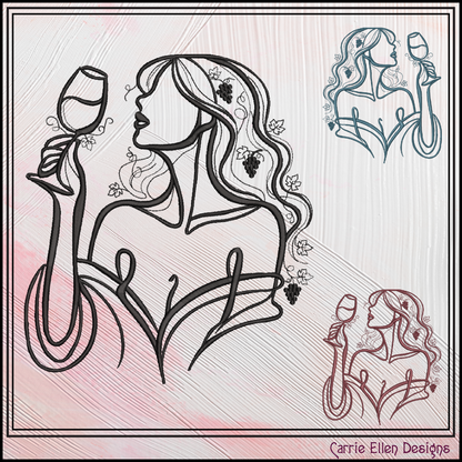 Vineyard Muse Machine Embroidery Design | Wine Tasting Woman Line Art, 6 Sizes (4384)
