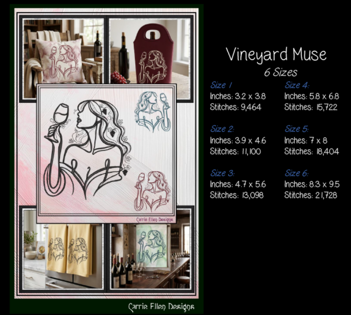 Vineyard Muse Machine Embroidery Design | Wine Tasting Woman Line Art, 6 Sizes (4384)