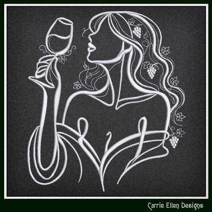 Vineyard Muse Machine Embroidery Design | Wine Tasting Woman Line Art, 6 Sizes (4384)