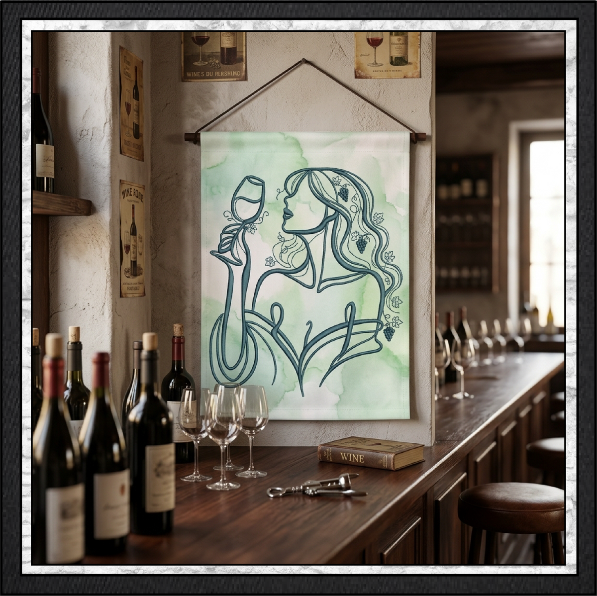 Vineyard Muse Machine Embroidery Design | Wine Tasting Woman Line Art, 6 Sizes (4384)