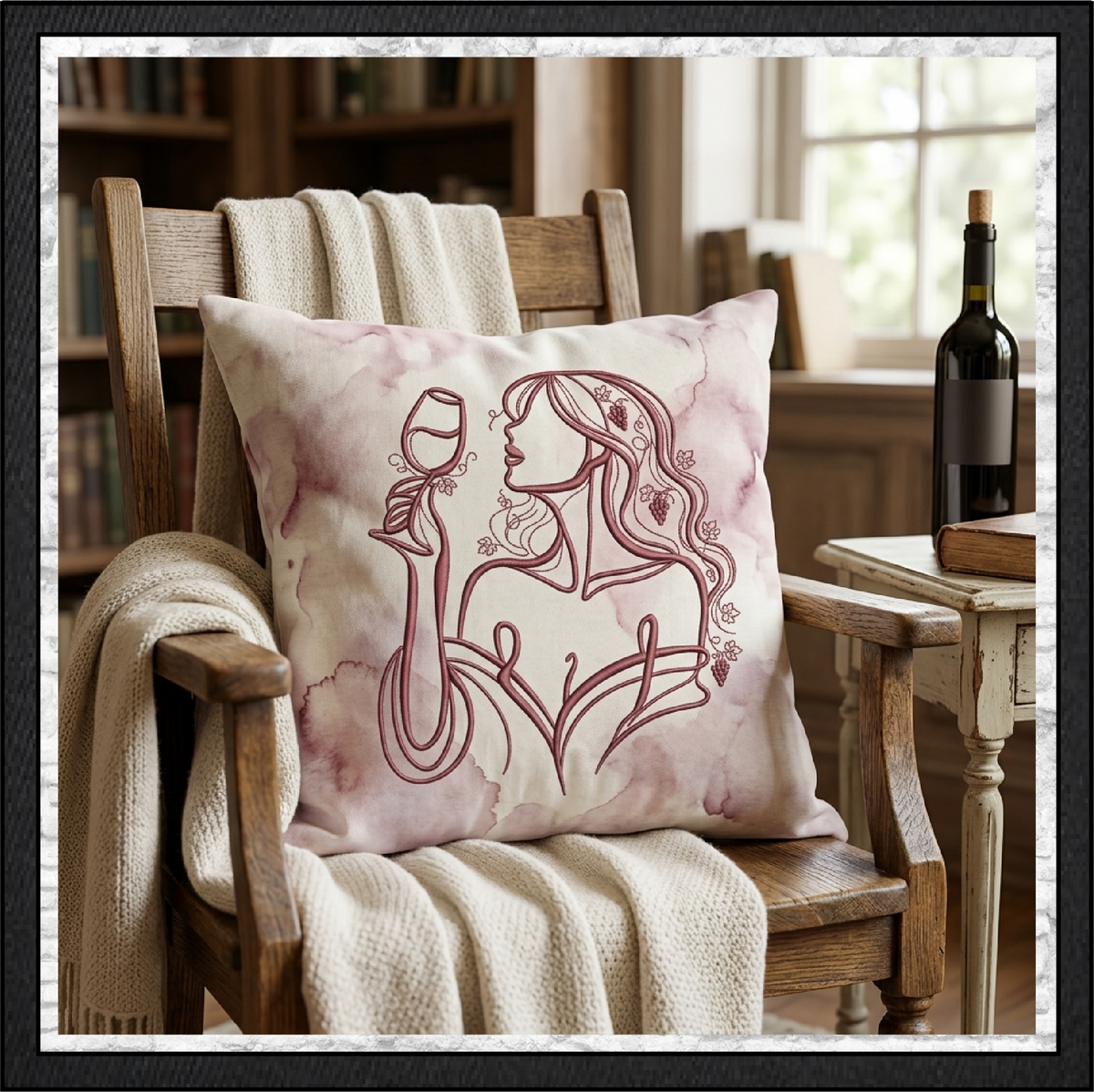 Vineyard Muse Machine Embroidery Design | Wine Tasting Woman Line Art, 6 Sizes (4384)