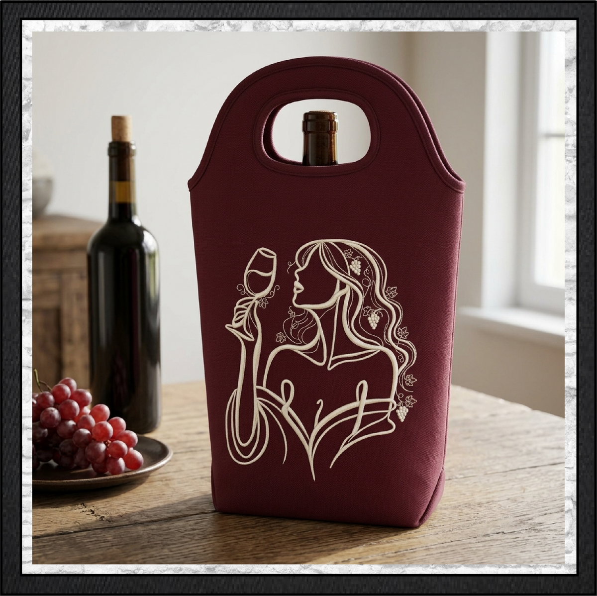 Vineyard Muse Machine Embroidery Design | Wine Tasting Woman Line Art, 6 Sizes (4384)