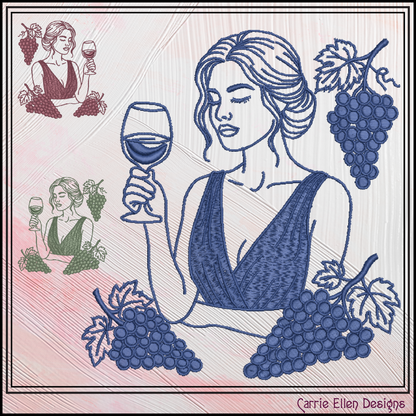 Wine Muse & Grape Clusters Machine Embroidery Design File - Elegant Woman Line Art, 4 Sizes (4391)