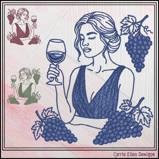 Wine Muse & Grape Clusters Machine Embroidery Design File - Elegant Woman Line Art, 4 Sizes (4391)