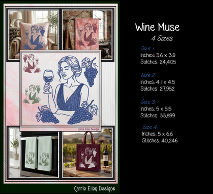 Wine Muse & Grape Clusters Machine Embroidery Design File - Elegant Woman Line Art, 4 Sizes (4391)