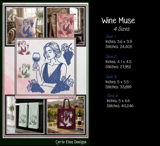 Wine Muse & Grape Clusters Machine Embroidery Design File - Elegant Woman Line Art, 4 Sizes (4391)