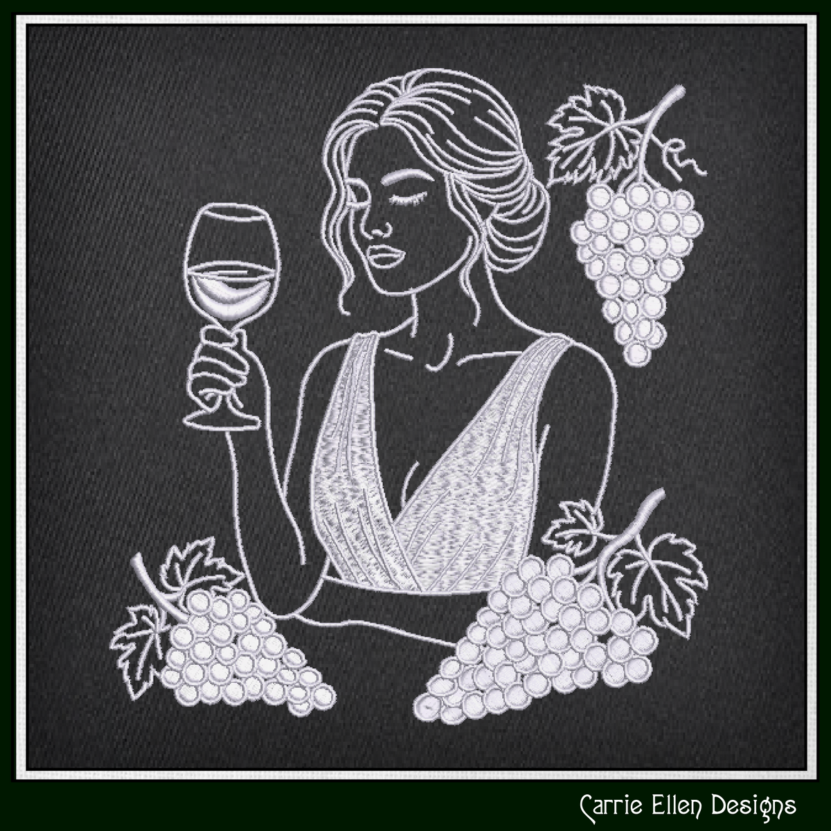 Wine Muse & Grape Clusters Machine Embroidery Design File - Elegant Woman Line Art, 4 Sizes (4391)