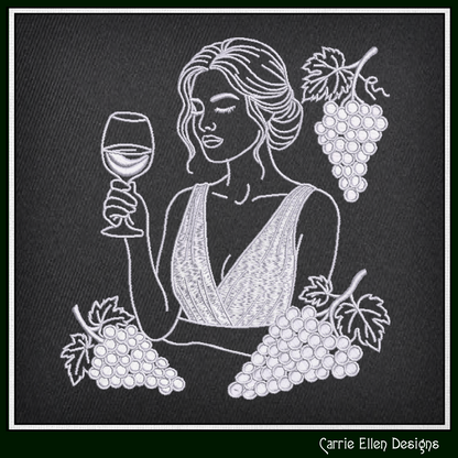 Wine Muse & Grape Clusters Machine Embroidery Design File - Elegant Woman Line Art, 4 Sizes (4391)