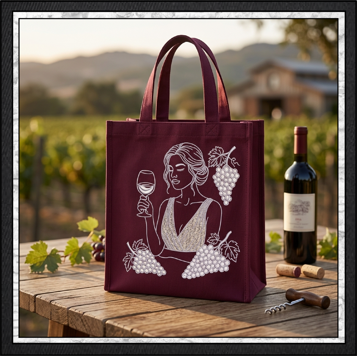 Wine Muse & Grape Clusters Machine Embroidery Design File - Elegant Woman Line Art, 4 Sizes (4391)