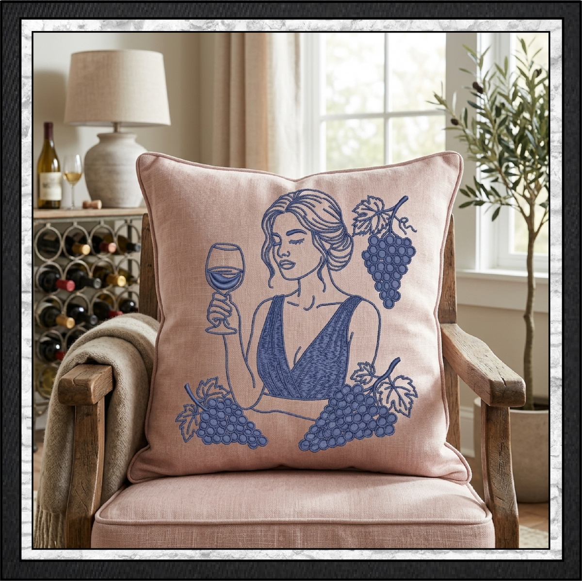 Wine Muse & Grape Clusters Machine Embroidery Design File - Elegant Woman Line Art, 4 Sizes (4391)