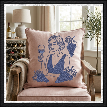 Wine Muse & Grape Clusters Machine Embroidery Design File - Elegant Woman Line Art, 4 Sizes (4391)