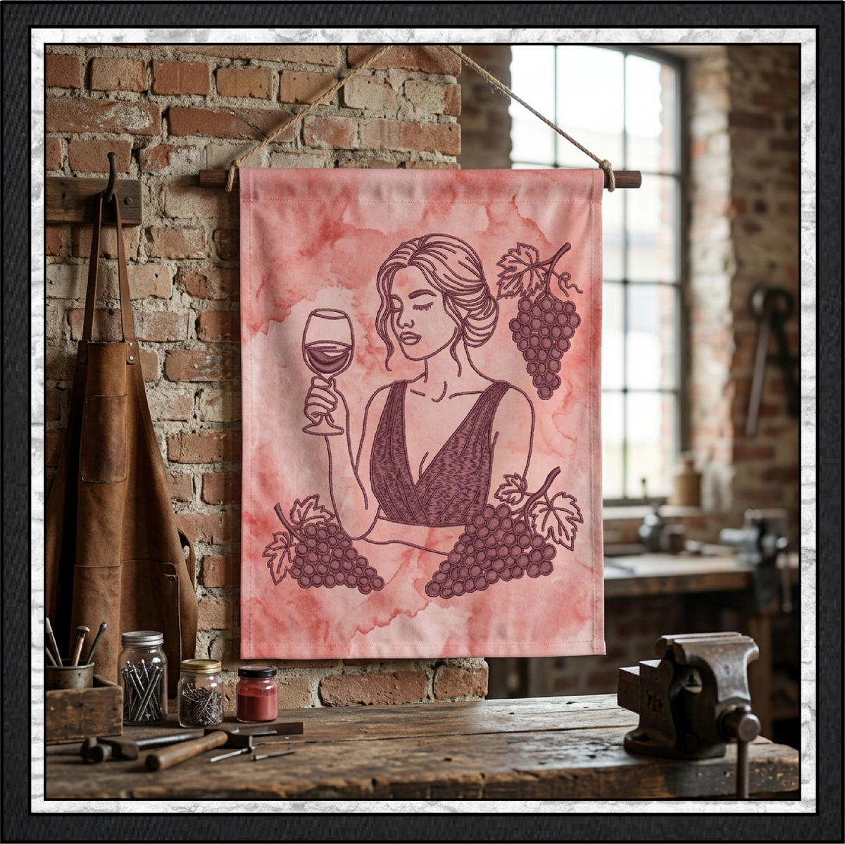 Wine Muse & Grape Clusters Machine Embroidery Design File - Elegant Woman Line Art, 4 Sizes (4391)