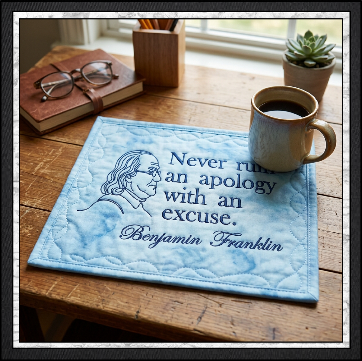 Benjamin Franklin Quote Machine Embroidery Design File - Never Ruin An Apology Historical Pattern, 6 Sizes (4394)