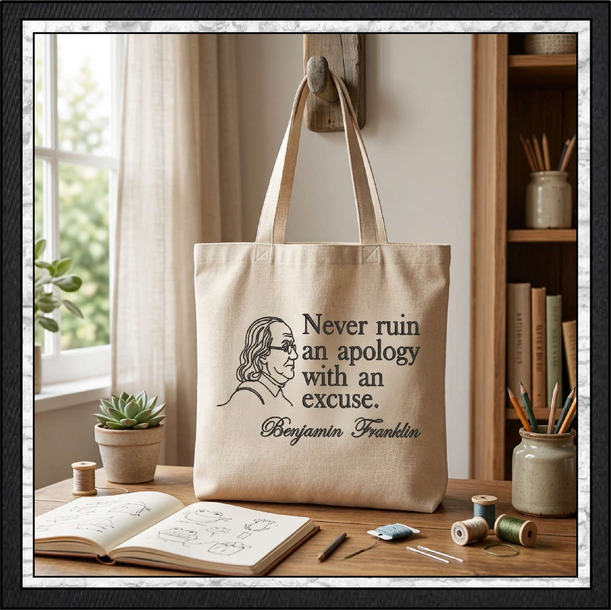 Benjamin Franklin Quote Machine Embroidery Design File - Never Ruin An Apology Historical Pattern, 6 Sizes (4394)