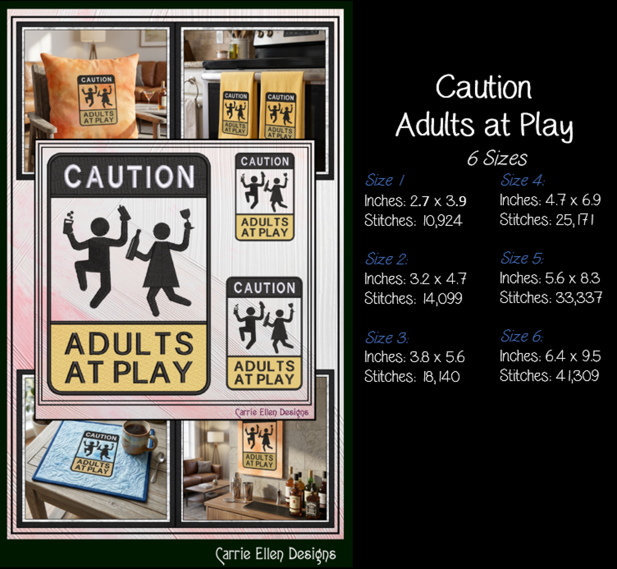 Caution Adults At Play Machine Embroidery Design File - Funny Party Warning Sign, 6 Sizes (4387)