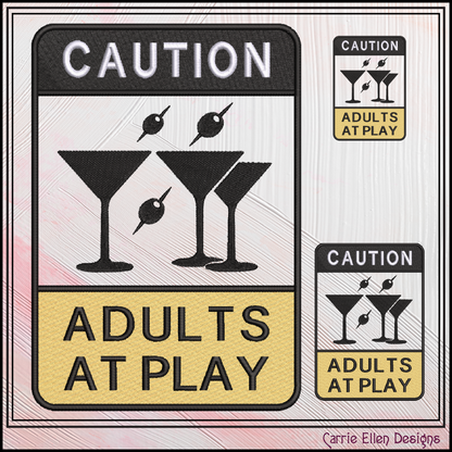 Caution Adults At Play Machine Embroidery Design File - Funny Party Warning Sign, 6 Sizes (4398)