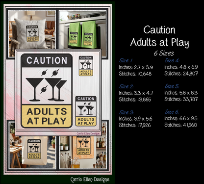 Caution Adults At Play Machine Embroidery Design File - Funny Party Warning Sign, 6 Sizes (4398)