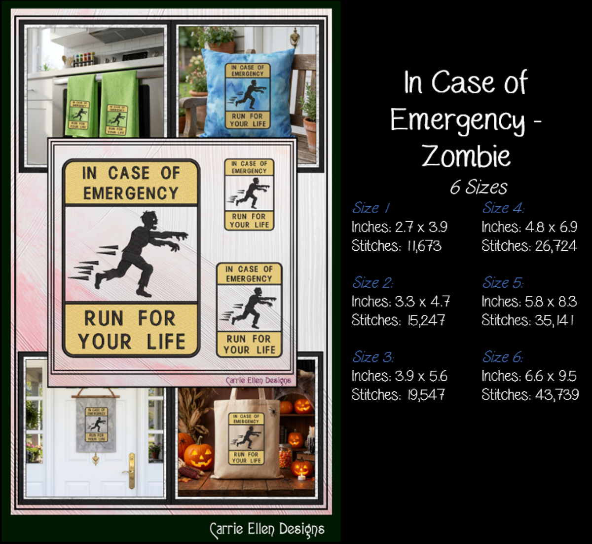 "In Case of Emergency Run For Your Life" Zombie Warning Sign Machine Embroidery Design, 6 Sizes (4399)