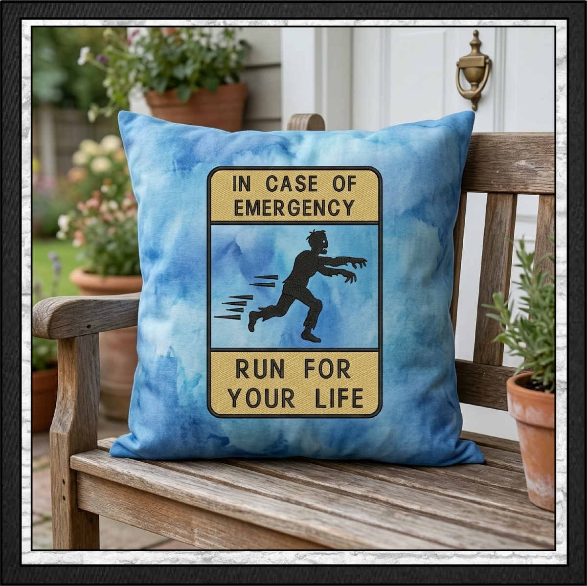 "In Case of Emergency Run For Your Life" Zombie Warning Sign Machine Embroidery Design, 6 Sizes (4399)