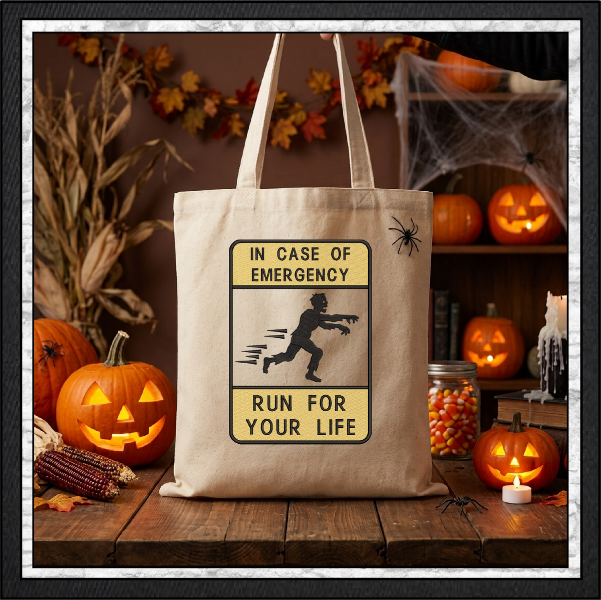 "In Case of Emergency Run For Your Life" Zombie Warning Sign Machine Embroidery Design, 6 Sizes (4399)