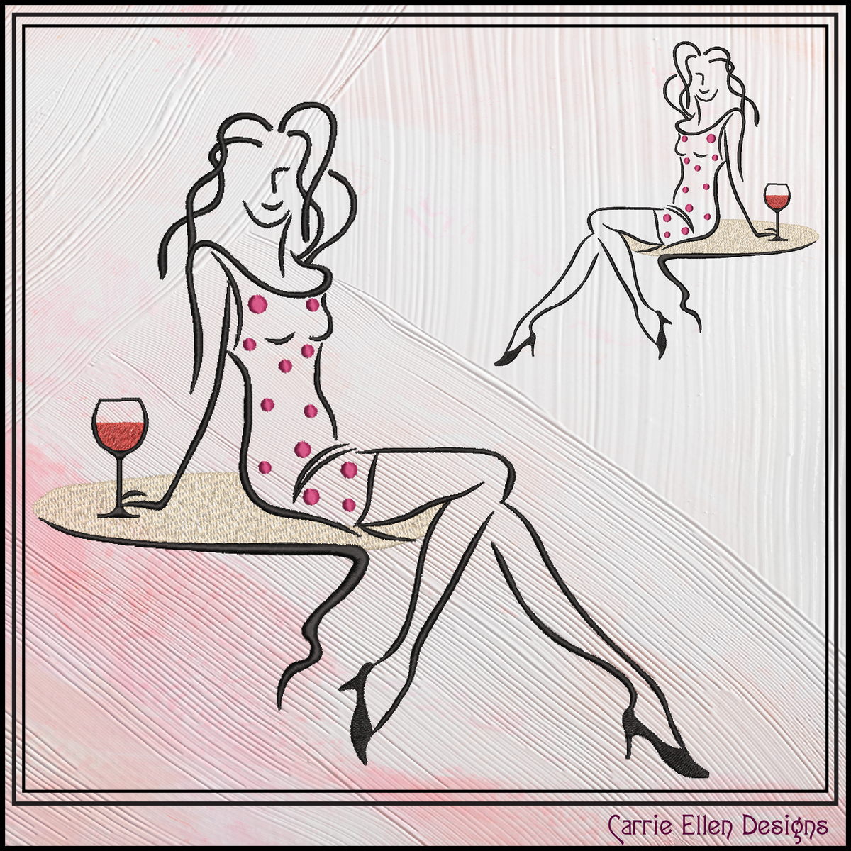 "Sip in Style" Fashion Line Art Woman with Wine Machine Embroidery Design, 6 Sizes, (4401)
