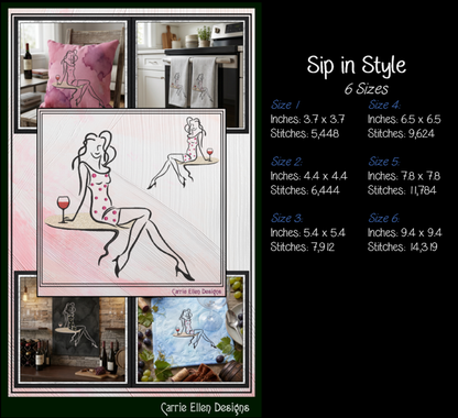 "Sip in Style" Fashion Line Art Woman with Wine Machine Embroidery Design, 6 Sizes, (4401)