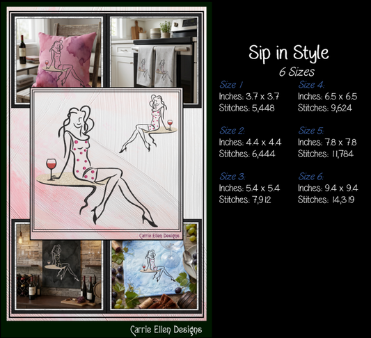 "Sip in Style" Fashion Line Art Woman with Wine Machine Embroidery Design, 6 Sizes, (4401)