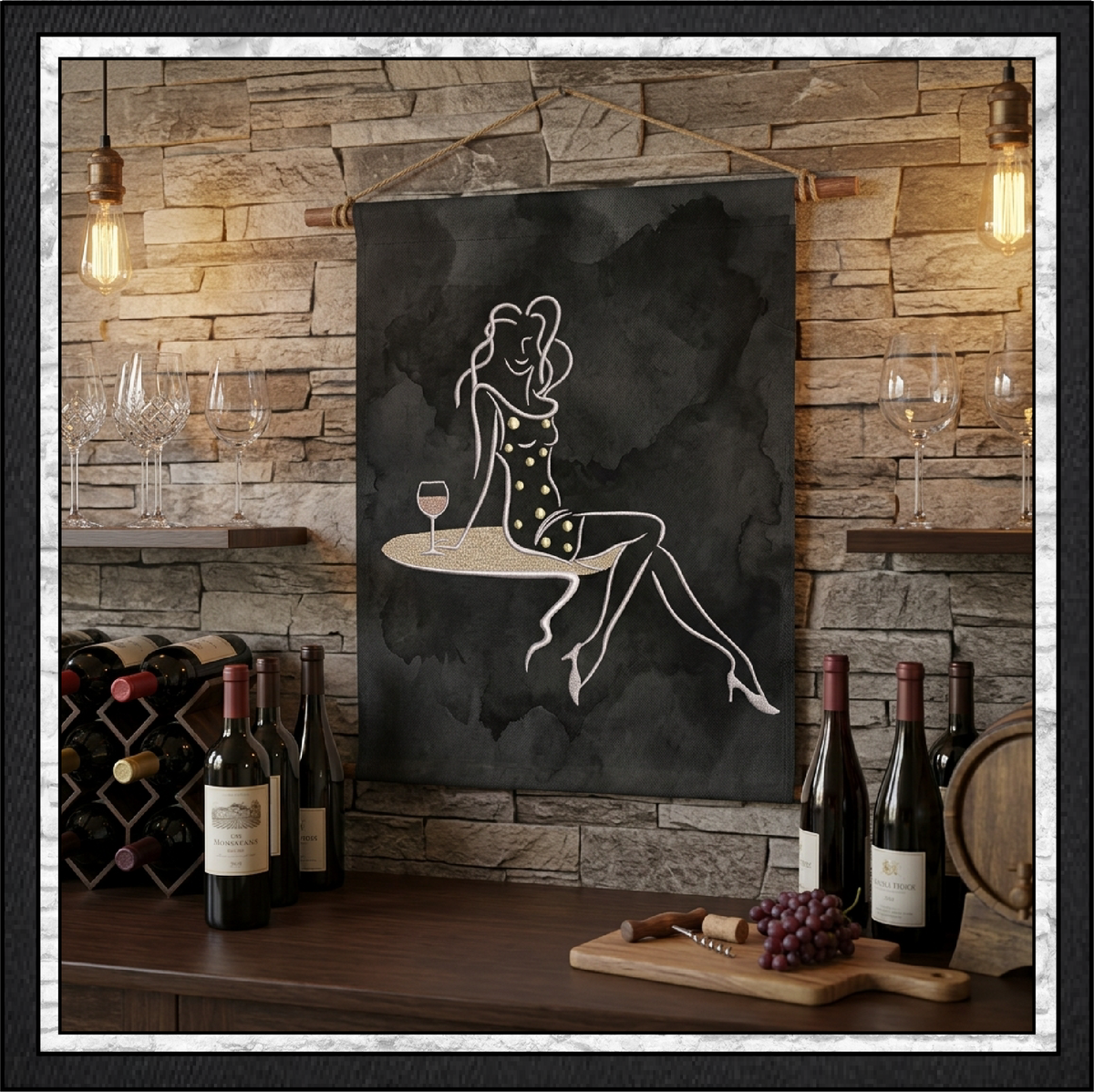 "Sip in Style" Fashion Line Art Woman with Wine Machine Embroidery Design, 6 Sizes, (4401)