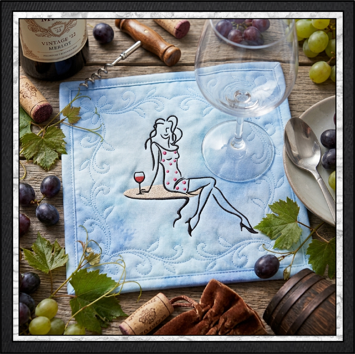 "Sip in Style" Fashion Line Art Woman with Wine Machine Embroidery Design, 6 Sizes, (4401)