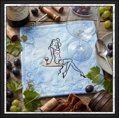 "Sip in Style" Fashion Line Art Woman with Wine Machine Embroidery Design, 6 Sizes, (4401)