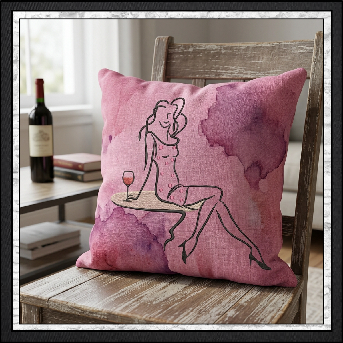 "Sip in Style" Fashion Line Art Woman with Wine Machine Embroidery Design, 6 Sizes, (4401)