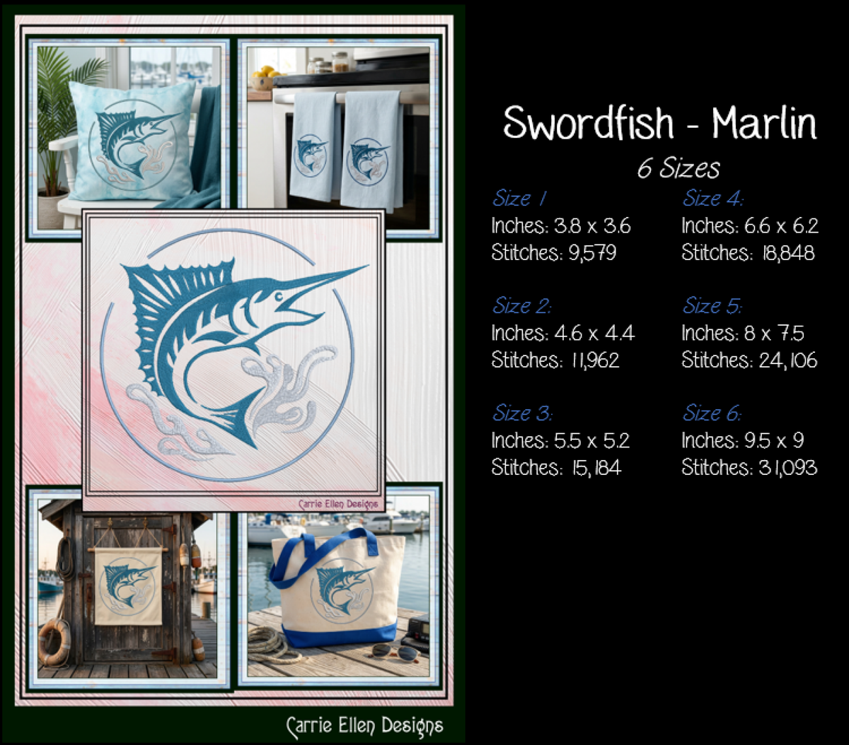 Pacific Blue Marlin Machine Embroidery Design, Ocean Sailfish Sport Fishing Pattern, 6 Sizes (4407)
