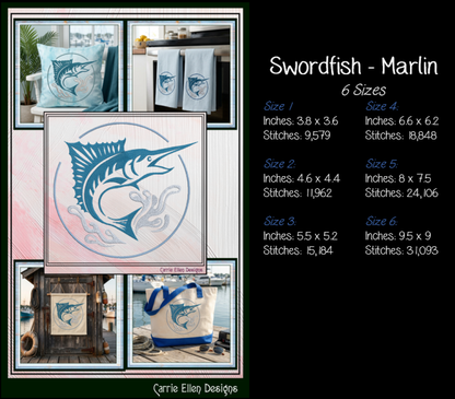 Pacific Blue Marlin Machine Embroidery Design, Ocean Sailfish Sport Fishing Pattern, 6 Sizes (4407)