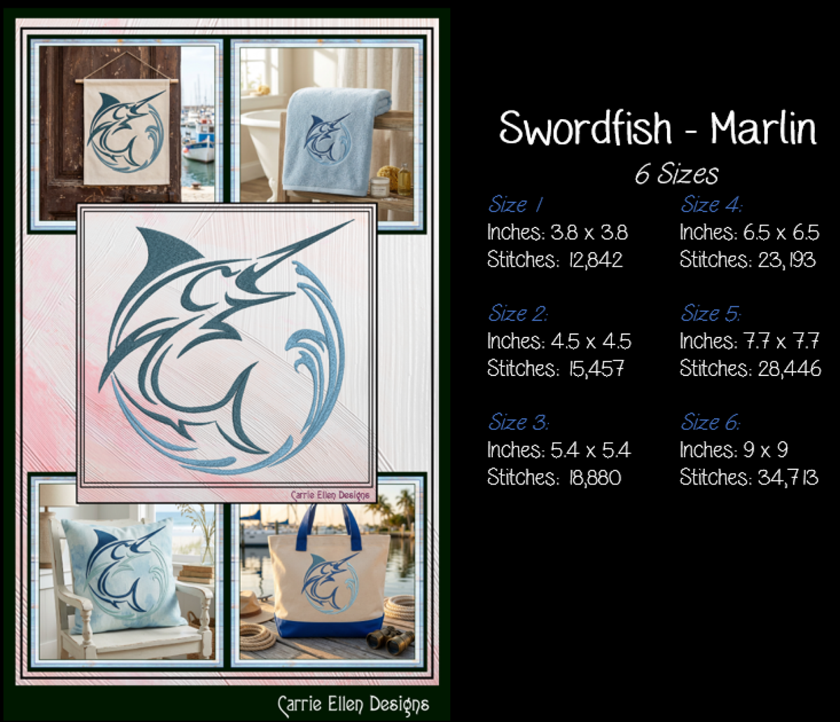 Pacific Blue Marlin Machine Embroidery Design, Ocean Sailfish Sport Fishing Pattern, 6 Sizes (4408)