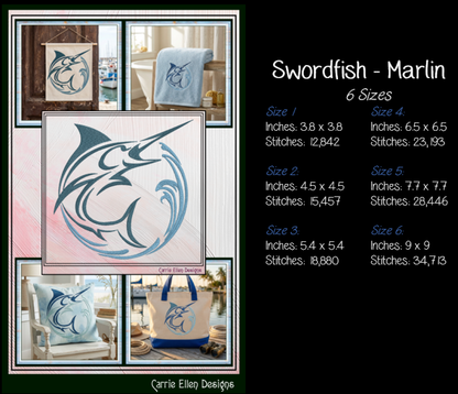 Pacific Blue Marlin Machine Embroidery Design, Ocean Sailfish Sport Fishing Pattern, 6 Sizes (4408)