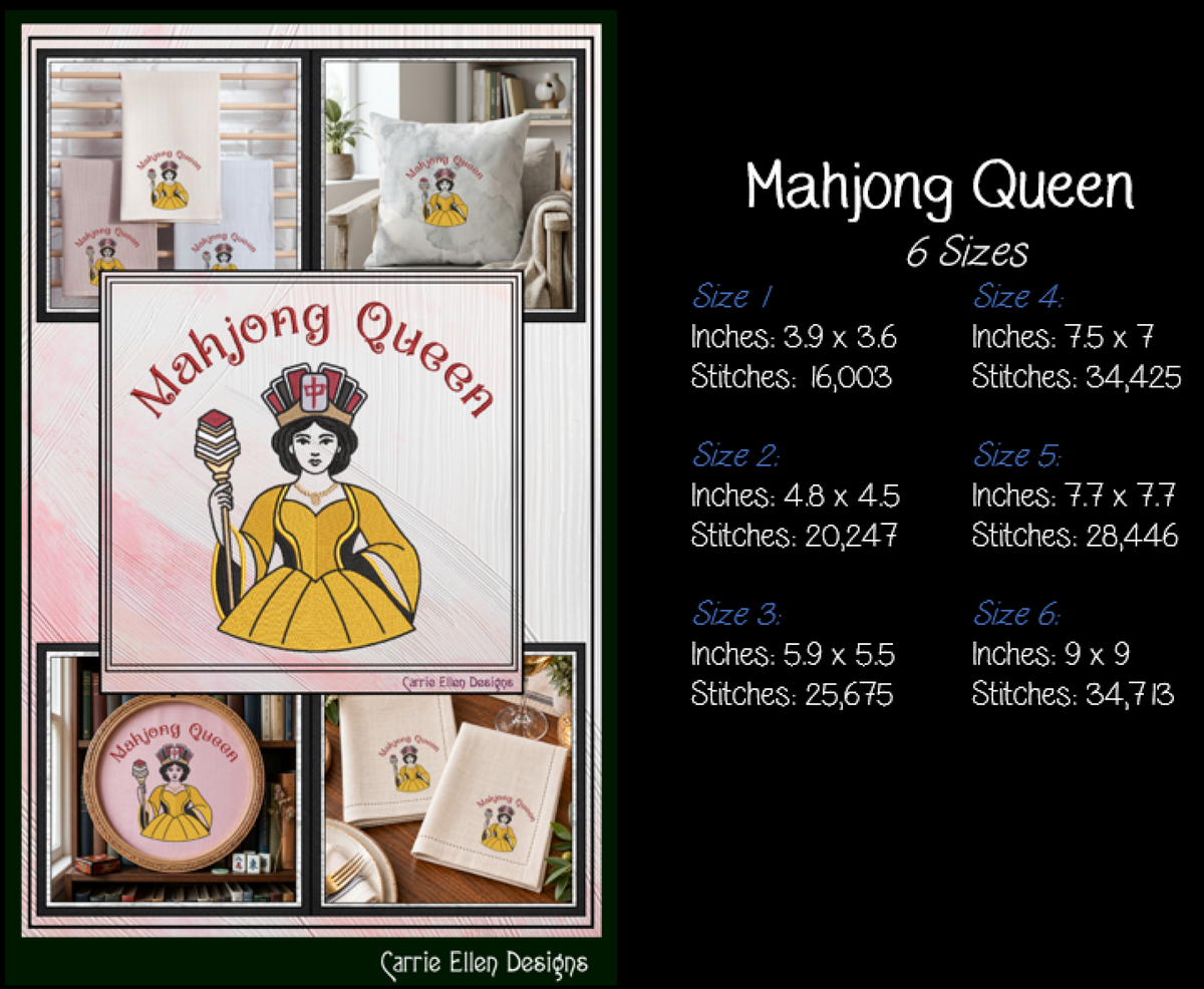"Mahjong Queen" Royal Crown & Scepter Machine Embroidery Design, 6 Sizes (4416)