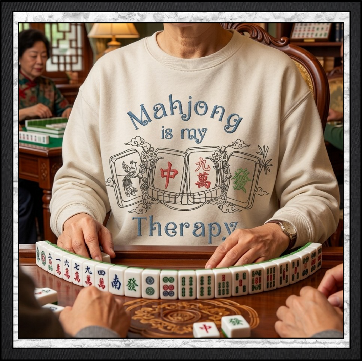 Mahjong Is My Therapy Machine Embroidery Design File - Oriental Cloud Dragon Tile Quote Pattern, 6 Sizes (4417)
