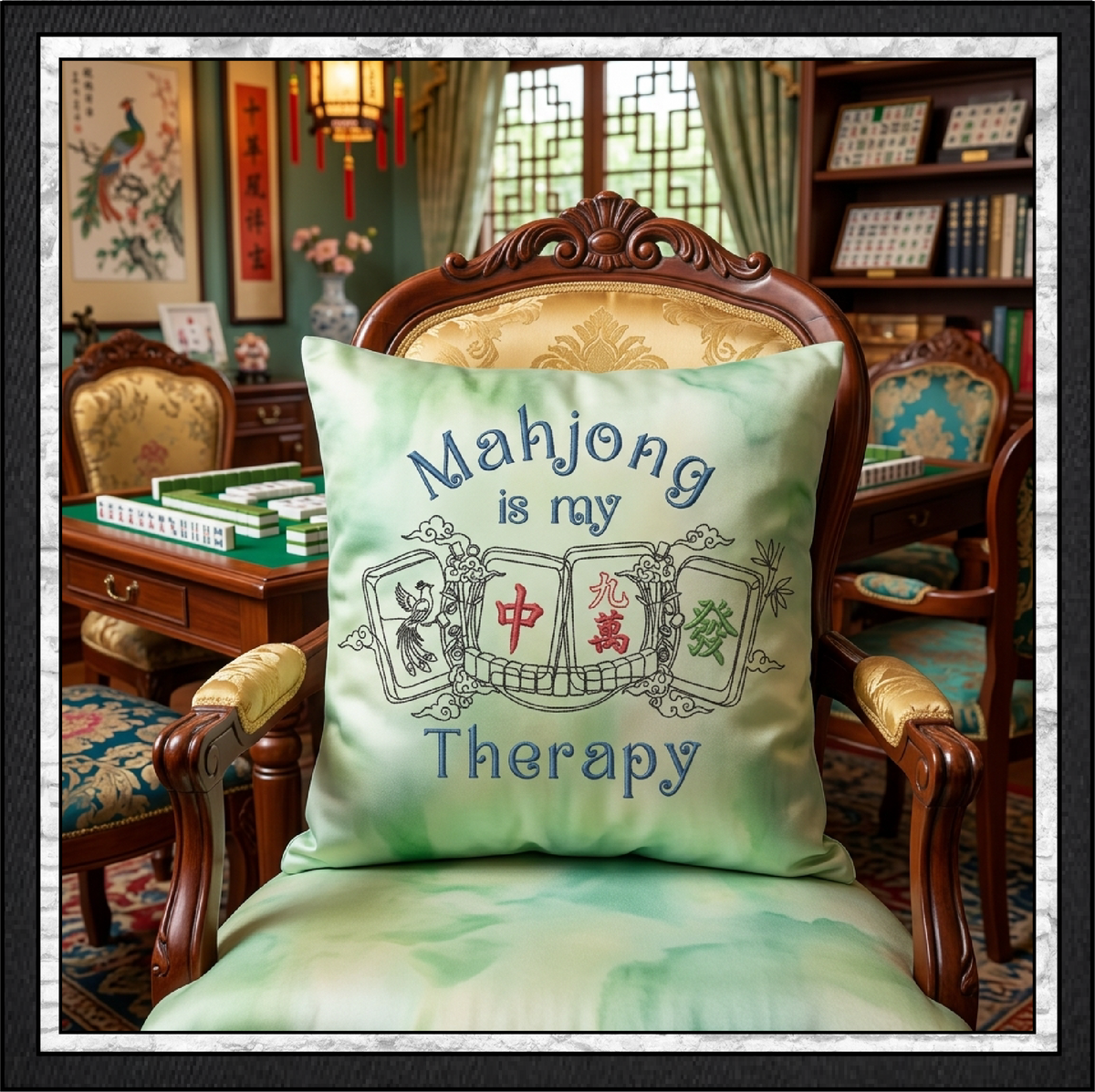 Mahjong Is My Therapy Machine Embroidery Design File - Oriental Cloud Dragon Tile Quote Pattern, 6 Sizes (4417)
