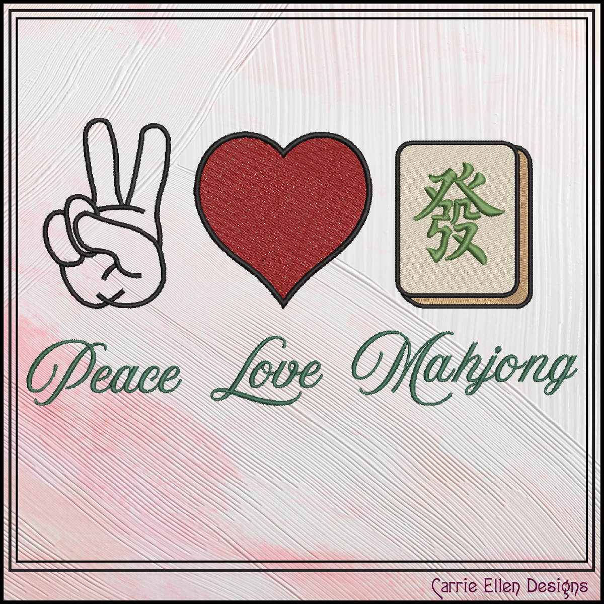 Peace Love Mahjong Machine Embroidery Design File - Green Dragon Tile Graphic Pattern, 6 Sizes (4419)
