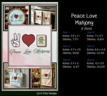 Peace Love Mahjong Machine Embroidery Design File - Green Dragon Tile Graphic Pattern, 6 Sizes (4419)
