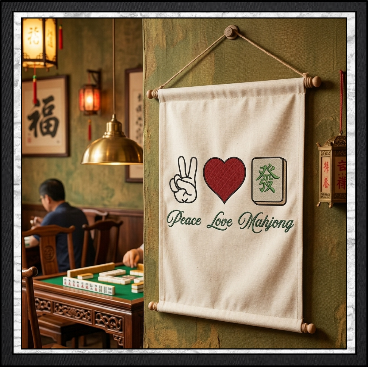 Peace Love Mahjong Machine Embroidery Design File - Green Dragon Tile Graphic Pattern, 6 Sizes (4419)