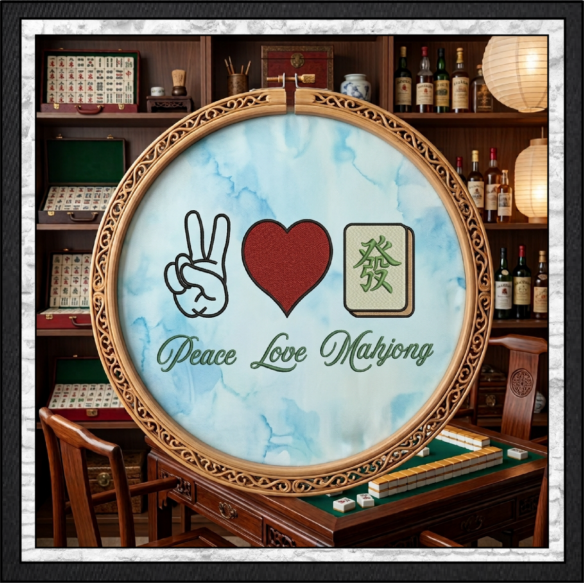 Peace Love Mahjong Machine Embroidery Design File - Green Dragon Tile Graphic Pattern, 6 Sizes (4419)