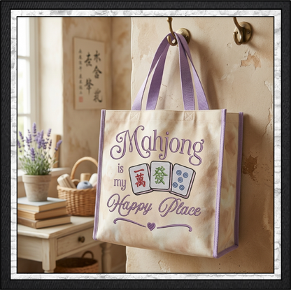 "Mahjong is My Happy Place" Quote Machine Embroidery Design! Featuring three beautifully detailed Mahjong tiles—a Character (Wan) tile, Green Dragon (Fa) tile, and Five Dot tile—framed by elegant purple script typography and a charming bottom heart swirl accent.