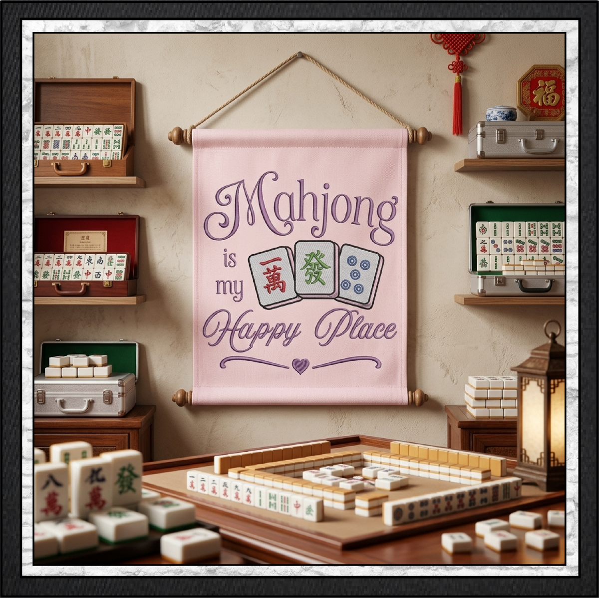 "Mahjong is My Happy Place" Quote Machine Embroidery Design! Featuring three beautifully detailed Mahjong tiles—a Character (Wan) tile, Green Dragon (Fa) tile, and Five Dot tile—framed by elegant purple script typography and a charming bottom heart swirl accent.