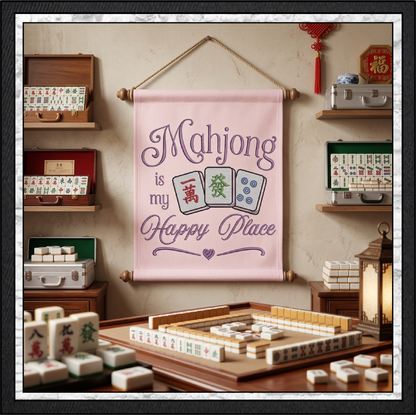 "Mahjong is My Happy Place" Quote Machine Embroidery Design! Featuring three beautifully detailed Mahjong tiles—a Character (Wan) tile, Green Dragon (Fa) tile, and Five Dot tile—framed by elegant purple script typography and a charming bottom heart swirl accent.