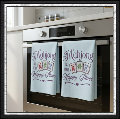 "Mahjong is My Happy Place" Quote Machine Embroidery Design! Featuring three beautifully detailed Mahjong tiles—a Character (Wan) tile, Green Dragon (Fa) tile, and Five Dot tile—framed by elegant purple script typography and a charming bottom heart swirl accent.